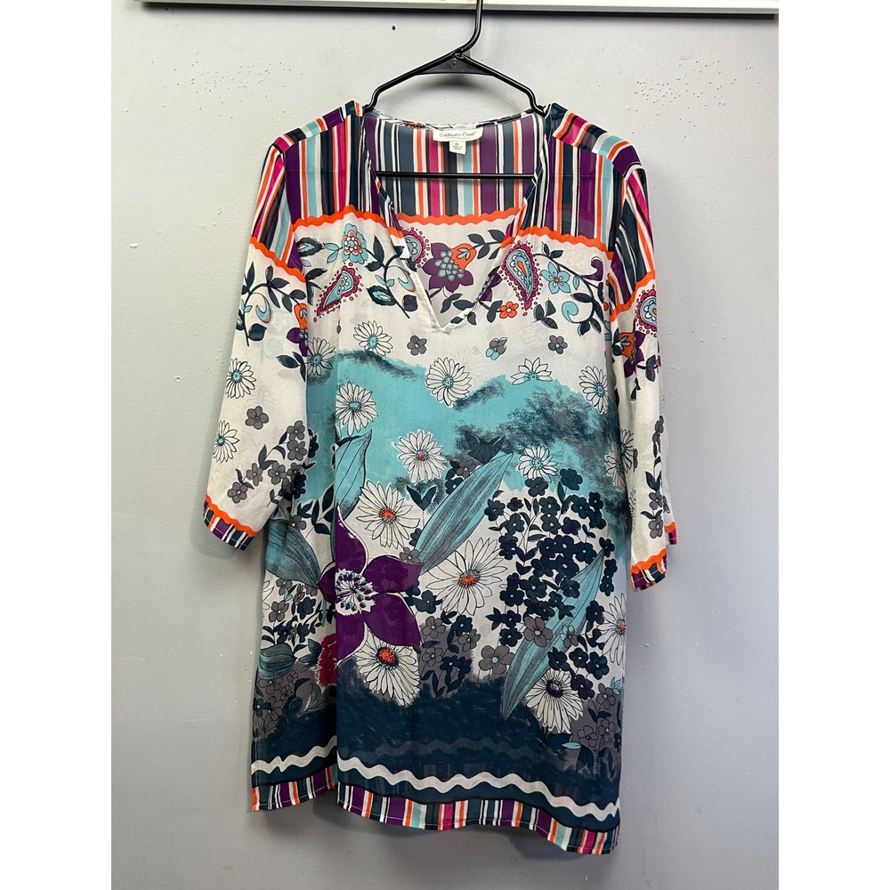 Coldwater Creek Tunic Womens PL Multi Floral Paisley Striped 3/4 Sleeve Boho